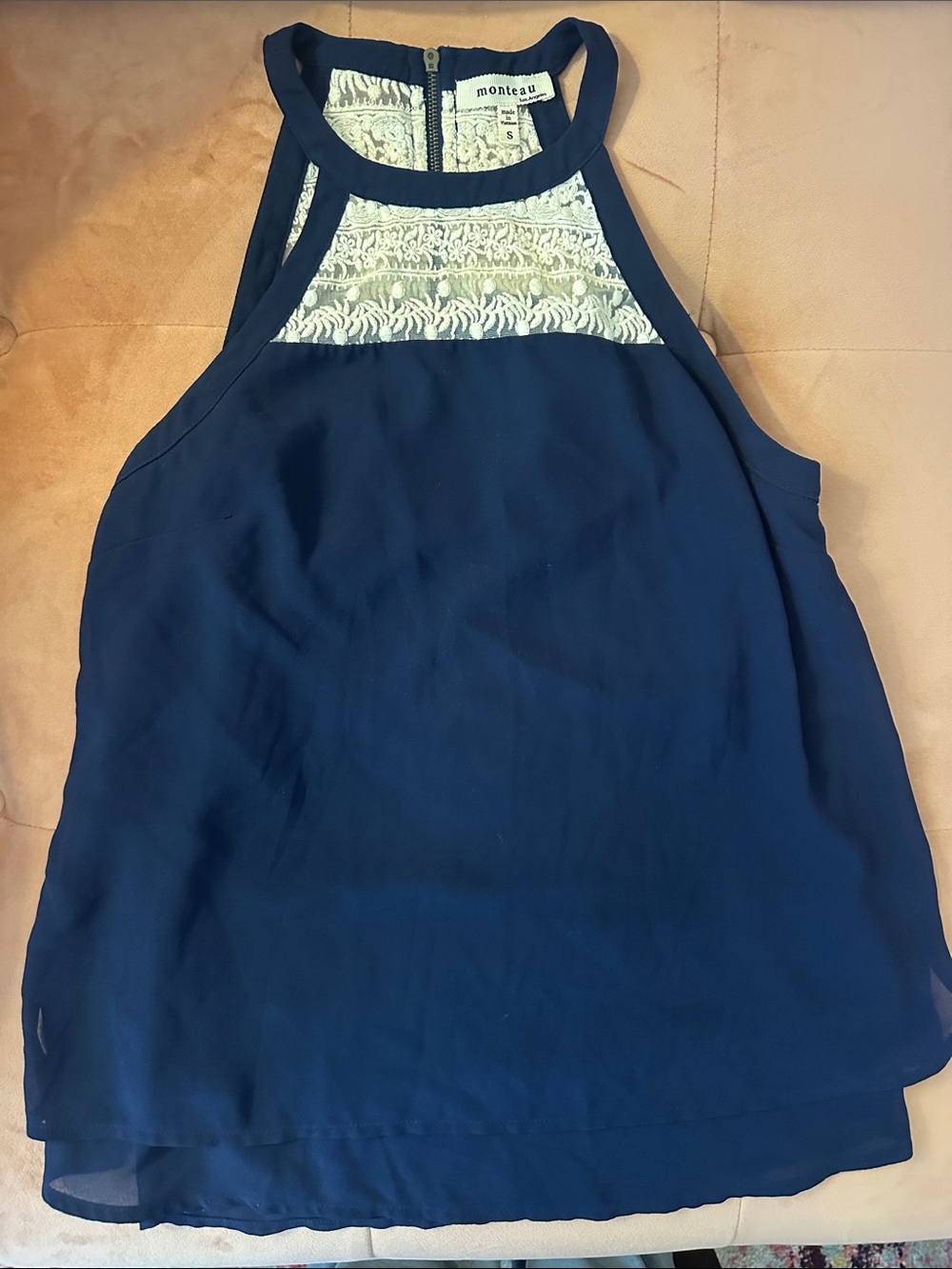 Monteau Navy Halter Top with White Lace Inset